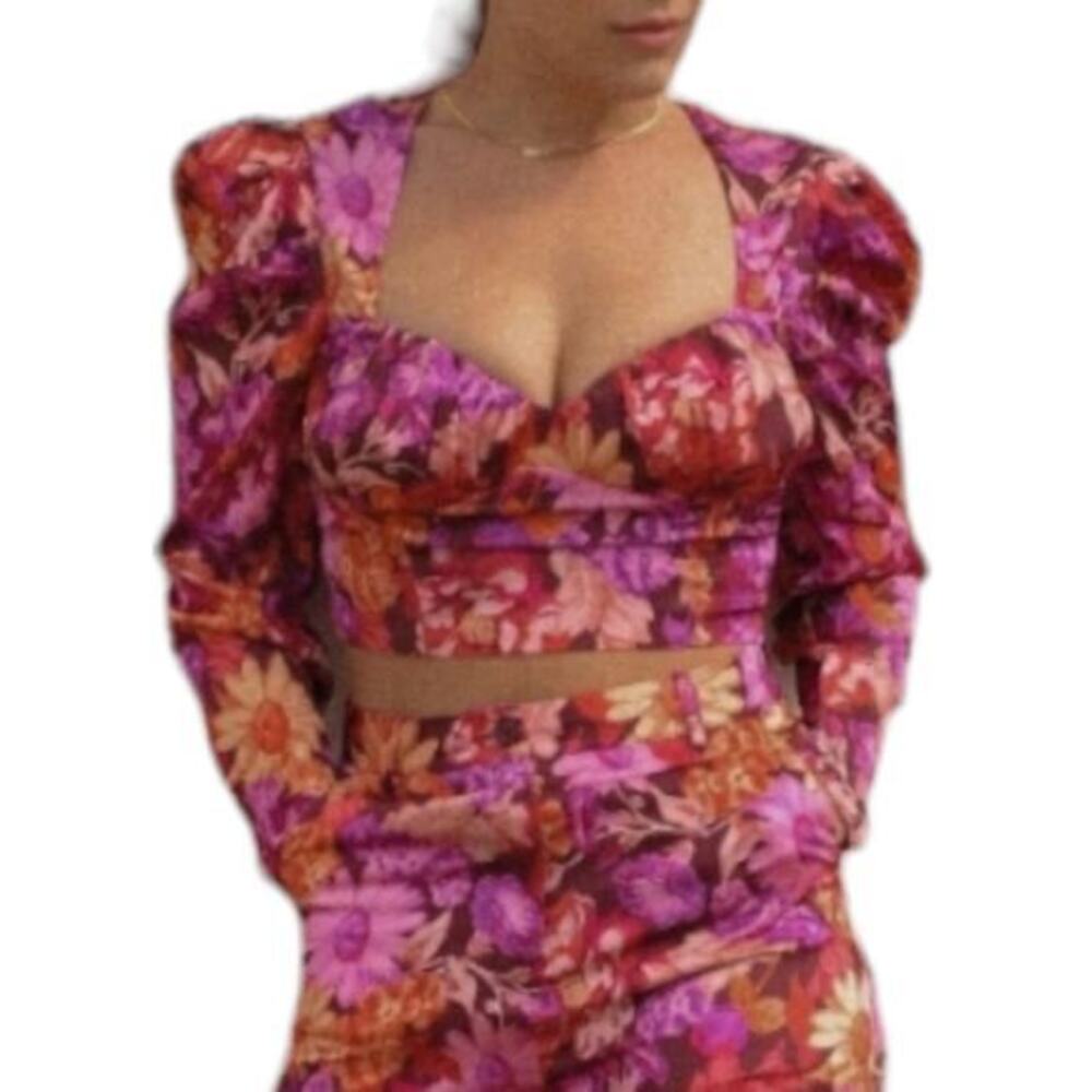 EN SAISON Women's Floral Sweetheart neckline Long Sleeve Crop Top Size Small New